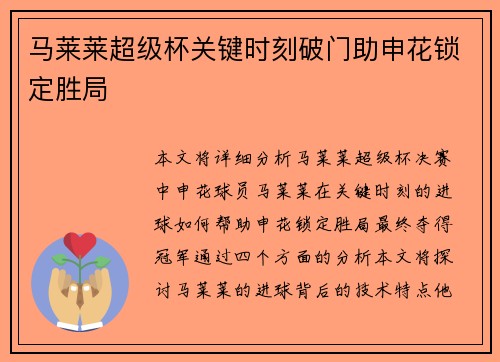 马莱莱超级杯关键时刻破门助申花锁定胜局 马莱莱超级杯关键时刻破门助申花锁定胜局