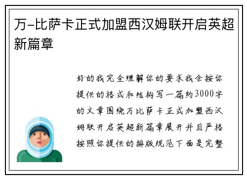 万-比萨卡正式加盟西汉姆联开启英超新篇章
