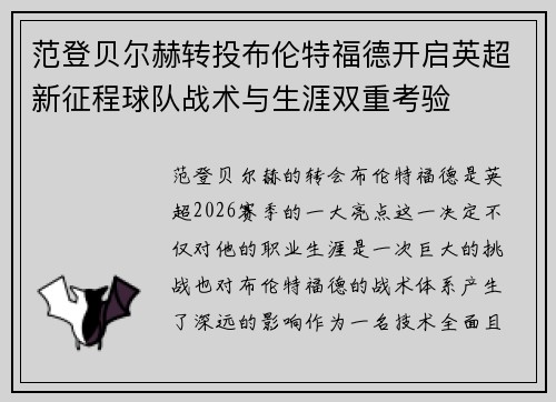 范登贝尔赫转投布伦特福德开启英超新征程球队战术与生涯双重考验