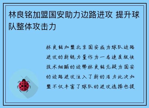 林良铭加盟国安助力边路进攻 提升球队整体攻击力